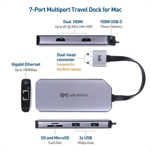 محول شاشة USB C مزدوج من Cable Matters مع 2X 4K@60hz HDMI ومحطة إرساء USB C وشاشة مزدوجة لجهاز MacBook مع Intel وM1 Pro وM1 Max CPU و2X USB وGigabit Ethernet وفتحة بطاقة SD و100W PD in Saudi Arabia