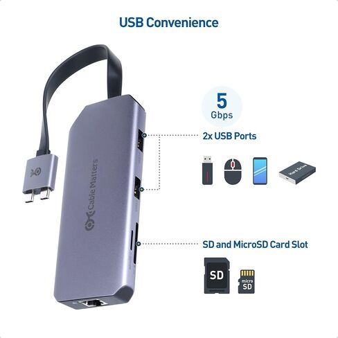 محول شاشة USB C مزدوج من Cable Matters مع 2X 4K@60hz HDMI ومحطة إرساء USB C وشاشة مزدوجة لجهاز MacBook مع Intel وM1 Pro وM1 Max CPU و2X USB وGigabit Ethernet وفتحة بطاقة SD و100W PD in Saudi Arabia