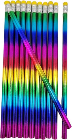 Shiny Metallic Colorful Rainbow Standard #2 Lead Pencils (7.5") Wood with Top Eraser. (12) in Saudi Arabia