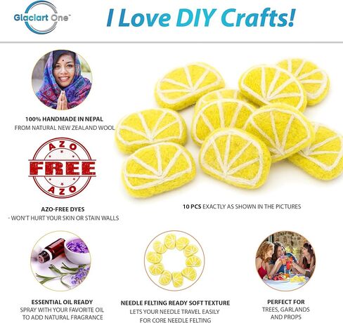 جلاسيارت وان شرائح الليمون من الصوف للديكور والحرف اليدوية - 10 قطع | شرائح ليمون صناعية وهمية للمنزل، المكتب، المحلات التجارية، الإكسسوارات، حلوى الدعامة، إكليل الصيف | فكرة هدية رائعة وكموزع للروائح العلاجية in Kuwait