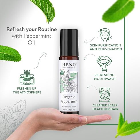 زيت النعناع العطري العضوي من HBNO - 1/3 أونصة (10 مل) حجم السفر - زيوت النعناع العضوية وزيوت MCT المعتمدة من وزارة الزراعة الأمريكية - مثالية للسفر والعلاج العطري والتدليك والعطور والمرطب. in Kuwait