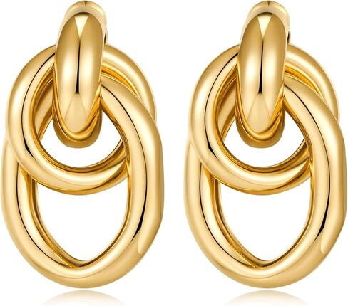 Gold Statement Geometric Earrings for Women Girls, 14K Gold Plated Chunky Gold Knot Long Link Drop Dangle Earrings Lightweight Trendy Hypoallergenic Jewelry Gift in Saudi Arabia