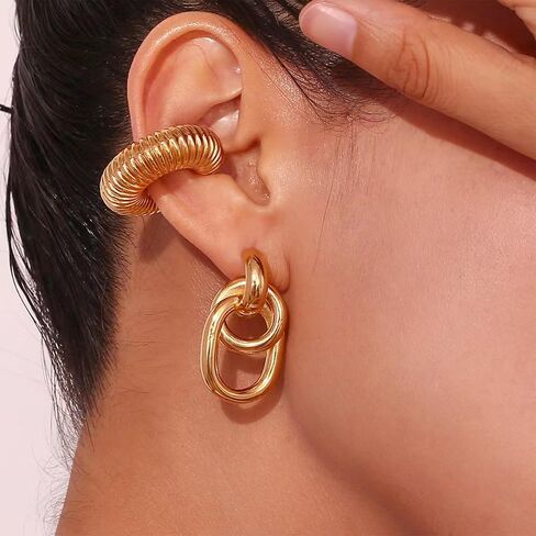 Gold Statement Geometric Earrings for Women Girls, 14K Gold Plated Chunky Gold Knot Long Link Drop Dangle Earrings Lightweight Trendy Hypoallergenic Jewelry Gift in Saudi Arabia