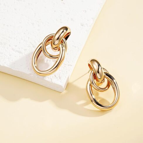 Gold Statement Geometric Earrings for Women Girls, 14K Gold Plated Chunky Gold Knot Long Link Drop Dangle Earrings Lightweight Trendy Hypoallergenic Jewelry Gift in Saudi Arabia