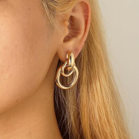 Gold Statement Geometric Earrings for Women Girls, 14K Gold Plated Chunky Gold Knot Long Link Drop Dangle Earrings Lightweight Trendy Hypoallergenic Jewelry Gift in Saudi Arabia