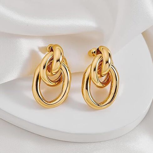 Gold Statement Geometric Earrings for Women Girls, 14K Gold Plated Chunky Gold Knot Long Link Drop Dangle Earrings Lightweight Trendy Hypoallergenic Jewelry Gift in Saudi Arabia