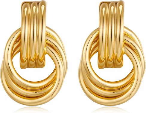 Gold Statement Geometric Earrings for Women Girls, 14K Gold Plated Chunky Gold Knot Long Link Drop Dangle Earrings Lightweight Trendy Hypoallergenic Jewelry Gift in Saudi Arabia