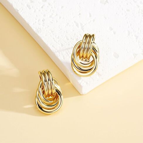 Gold Statement Geometric Earrings for Women Girls, 14K Gold Plated Chunky Gold Knot Long Link Drop Dangle Earrings Lightweight Trendy Hypoallergenic Jewelry Gift in Saudi Arabia