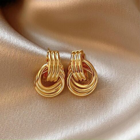 Gold Statement Geometric Earrings for Women Girls, 14K Gold Plated Chunky Gold Knot Long Link Drop Dangle Earrings Lightweight Trendy Hypoallergenic Jewelry Gift in Saudi Arabia