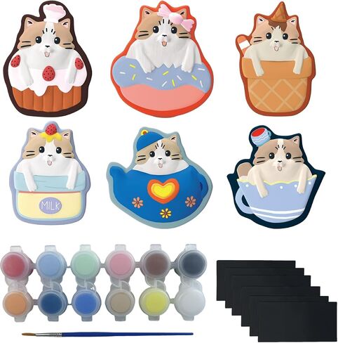 Chccrwhirl Cartoon Cat Plaster Coloring Refrigerator Magnets - DIY Painting Kit for Kids, 27 PCS Arts and Crafts Set with Ceramics to Paint Creative Activity Toy Gift for Boys & Girls in Saudi Arabia
