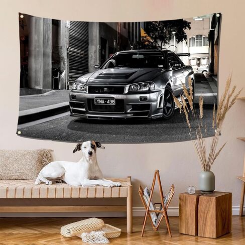 qasrhibao Nissan Skyline GTR R34 نسيج، 3x5 قدم نسيج العلم الرجعية، خمر نسيج جدار السيارة، البوليستر جدار نسيج ملصق ديكور، نسيج لديكور المرآب غرفة نوم غرفة المعيشة ديكور جدار النوم in Saudi Arabia