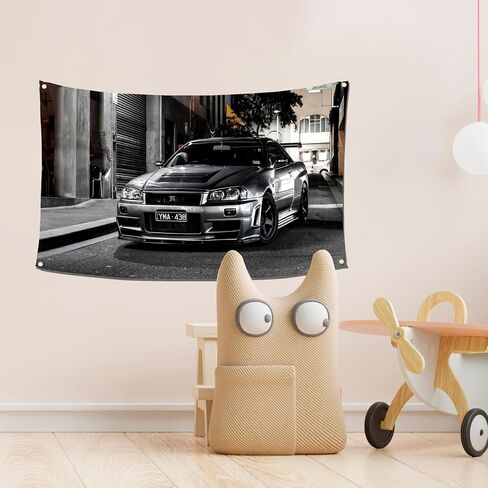 qasrhibao Nissan Skyline GTR R34 نسيج، 3x5 قدم نسيج العلم الرجعية، خمر نسيج جدار السيارة، البوليستر جدار نسيج ملصق ديكور، نسيج لديكور المرآب غرفة نوم غرفة المعيشة ديكور جدار النوم in Saudi Arabia