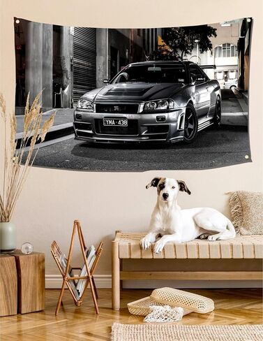 qasrhibao Nissan Skyline GTR R34 نسيج، 3x5 قدم نسيج العلم الرجعية، خمر نسيج جدار السيارة، البوليستر جدار نسيج ملصق ديكور، نسيج لديكور المرآب غرفة نوم غرفة المعيشة ديكور جدار النوم in Saudi Arabia