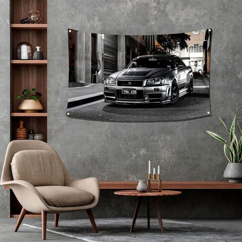 qasrhibao Nissan Skyline GTR R34 نسيج، 3x5 قدم نسيج العلم الرجعية، خمر نسيج جدار السيارة، البوليستر جدار نسيج ملصق ديكور، نسيج لديكور المرآب غرفة نوم غرفة المعيشة ديكور جدار النوم in Saudi Arabia