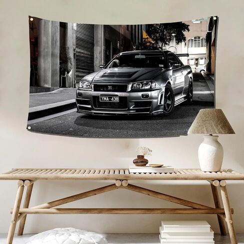 qasrhibao Nissan Skyline GTR R34 نسيج، 3x5 قدم نسيج العلم الرجعية، خمر نسيج جدار السيارة، البوليستر جدار نسيج ملصق ديكور، نسيج لديكور المرآب غرفة نوم غرفة المعيشة ديكور جدار النوم in Saudi Arabia