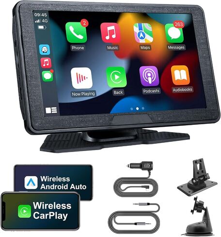 شاشة Apple Carplay لاسلكية محمولة للسيارة، شاشة تشغيل السيارة 7 بوصة مع ملاحة GPS، AUX، FM، شاشة Android Auto Mount in Kuwait