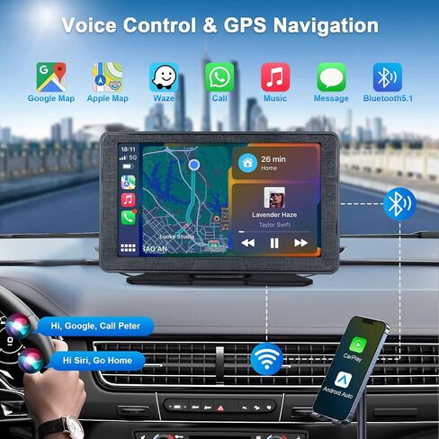 شاشة Apple Carplay لاسلكية محمولة للسيارة، شاشة تشغيل السيارة 7 بوصة مع ملاحة GPS، AUX، FM، شاشة Android Auto Mount in Kuwait