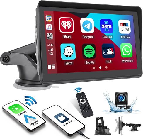 شاشة لمس SIXWIN 7 بوصة لاسلكية Apple Carplay Android Auto Screen ستيريو سيارة محمول مع جهاز تحكم عن بعد، تشغيل السيارة المحمولة مع وصلة مرآة بلوتوث FM للتحكم الصوتي in Saudi Arabia