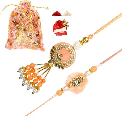 Set of 2 Rakhi and Lumba for Brother Bhaiya Bhabhi Raksha Bandhan gift Rakhi Thread Rakhi Bracelet with Roli Chawal and Greeting card gift pack in pouch/Potli bag in Saudi Arabia