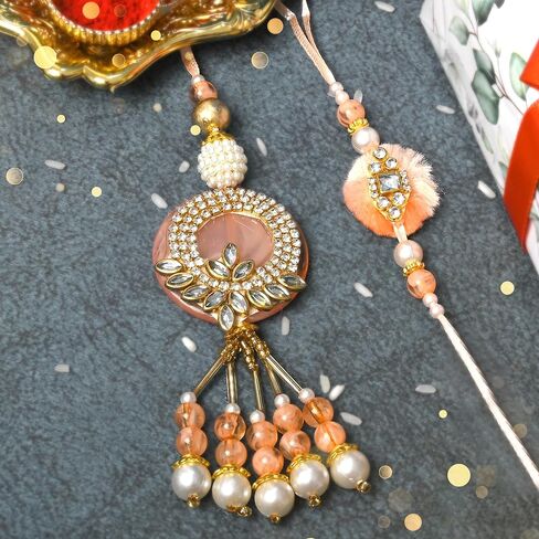 Set of 2 Rakhi and Lumba for Brother Bhaiya Bhabhi Raksha Bandhan gift Rakhi Thread Rakhi Bracelet with Roli Chawal and Greeting card gift pack in pouch/Potli bag in Saudi Arabia