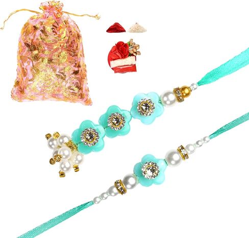 Set of 2 Rakhi and Lumba for Brother Bhaiya Bhabhi Raksha Bandhan gift Rakhi Thread Rakhi Bracelet with Roli Chawal and Greeting card gift pack in pouch/Potli bag in Saudi Arabia