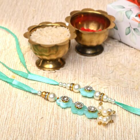 Set of 2 Rakhi and Lumba for Brother Bhaiya Bhabhi Raksha Bandhan gift Rakhi Thread Rakhi Bracelet with Roli Chawal and Greeting card gift pack in pouch/Potli bag in Saudi Arabia