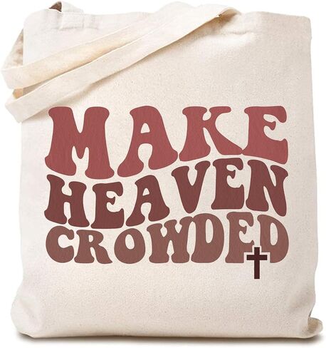 Women's Make Heaven Crowded Jesus Canvas Tote Bag Christian Bible Verse Reusable Shopping Bag Religious Gifts in Saudi Arabia