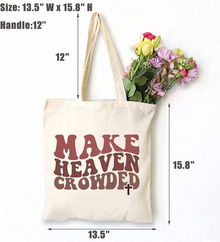 Women's Make Heaven Crowded Jesus Canvas Tote Bag Christian Bible Verse Reusable Shopping Bag Religious Gifts in Saudi Arabia