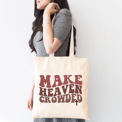Women's Make Heaven Crowded Jesus Canvas Tote Bag Christian Bible Verse Reusable Shopping Bag Religious Gifts in Saudi Arabia