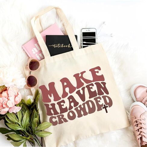 Women's Make Heaven Crowded Jesus Canvas Tote Bag Christian Bible Verse Reusable Shopping Bag Religious Gifts in Saudi Arabia