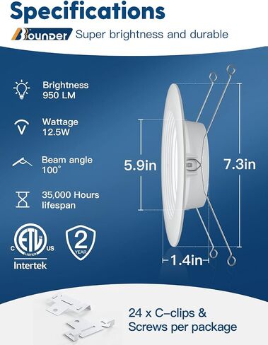 BBOUNDER 12 Pack 5/6 Inch LED Recessed Downlight, Baffle Trim, Dimmable, 12.5W=100W, 5000K Daylight, 950 LM, Damp Rated, Simple Retrofit Installation -No Flicker in Saudi Arabia