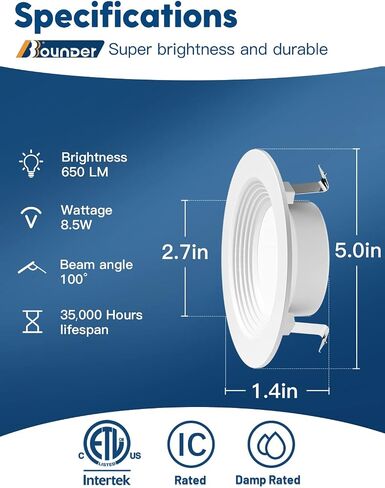 BBOUNDER 12 Pack 5/6 Inch LED Recessed Downlight, Baffle Trim, Dimmable, 12.5W=100W, 5000K Daylight, 950 LM, Damp Rated, Simple Retrofit Installation -No Flicker in Saudi Arabia
