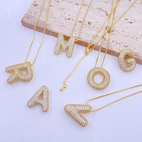 Bubble Letter Necklace For Women, Balloon Initial Letter Alphabet Pendant 18k Gold Plated Dainty Zirconia Inlaid Necklaces Fashion for Women Teen Girls Jewelry Gifts in Saudi Arabia