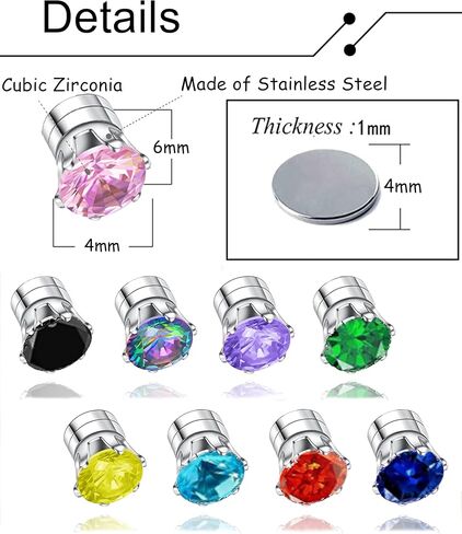 14 Pairs Magnetic Stud Earrings Multicolor Cubic Zirconia Clip on Earrings Set Non-Piercing Fake Earring Jewelry for Women Men 4MM 6MM in Kuwait