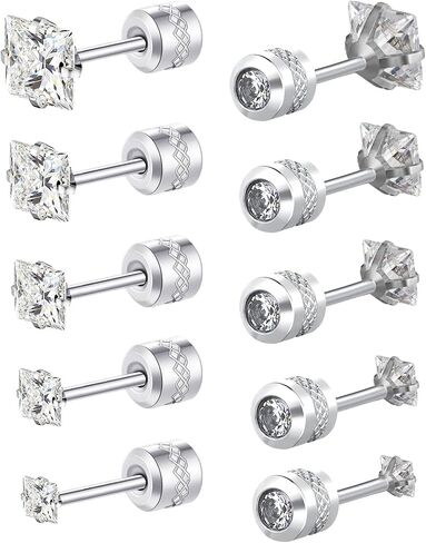 5 Pairs Titanium Screw Back Earrings for Women Men, Hypoallergenic Princess Cut CZ Surgical Stainless Steel Stud Earrings for Sensitive Ears in Saudi Arabia