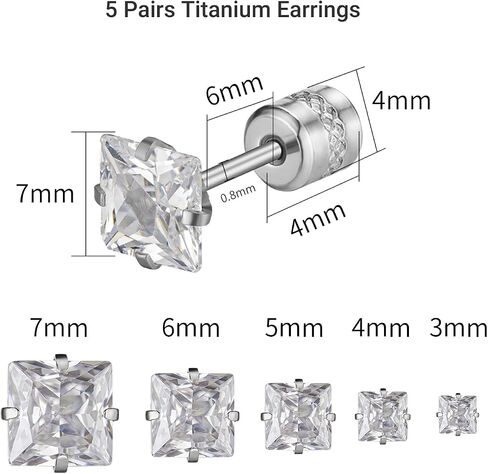 5 Pairs Titanium Screw Back Earrings for Women Men, Hypoallergenic Princess Cut CZ Surgical Stainless Steel Stud Earrings for Sensitive Ears in Saudi Arabia