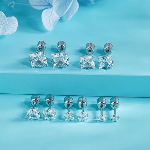 5 Pairs Titanium Screw Back Earrings for Women Men, Hypoallergenic Princess Cut CZ Surgical Stainless Steel Stud Earrings for Sensitive Ears in Saudi Arabia