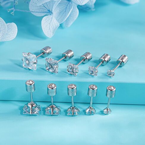 5 Pairs Titanium Screw Back Earrings for Women Men, Hypoallergenic Princess Cut CZ Surgical Stainless Steel Stud Earrings for Sensitive Ears in Saudi Arabia