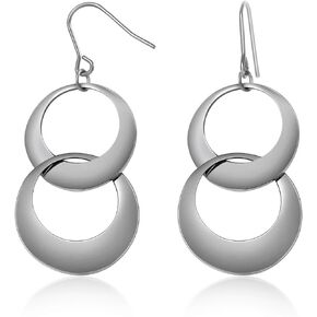 TGNEL Double Circle Titanium Dangle Earrings for Women, Polished Silver Lightweight Pure Titanium Earrings for Sensitive Ears