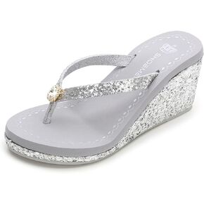 Women's Crystal Sequin Wedge Flip-Flops,Summer Arch Support Beach Slides,Non-Slip Platform Flip Flop Sandals.