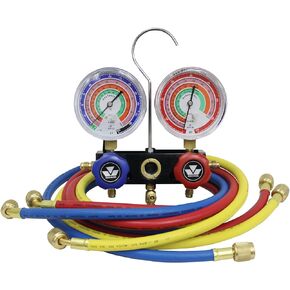 Mastercool (57161 Black Aluminum R410A, R22, R404A 2-Way Manifold Set with 3-1/8" Gauges, 3-60" Hoses and Standard 1/4" Fittings, Blue