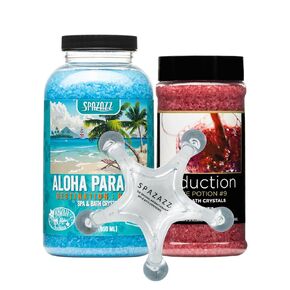 Spa and Bath Salt Aromatherapy Crystals for Hot Tub - Gift Bundle Set The Mood Love Potion #9 Seduction 17oz - Destinations Hawaii Aloha Paradise 22oz with 5 Point Full Body Massage Tool