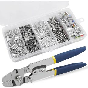 Fishing Crimping Tool Kit,Stainless Steel Fishing Crimping Pliers Wire Rope Crimping Tool with 430pcs 5 Sizes Aluminum Copper Barrel Crimp Sleeves Beads Set,4 Crimping Sizes