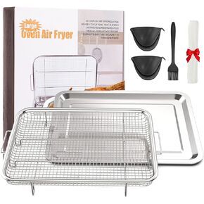 Air Fryer Basket for Oven, 15.5" x 11.6" Stainless Steel Air Fryer Oven Rack and Crisper Tray Kit with Non-stick Crisper Tray,Oven Rack,50PCS Parchment Papers,and Silicone Mitts