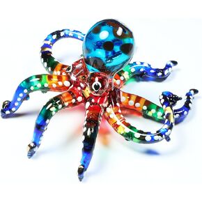 Tiny 3" Long Multicolor White Dotted Octopus Figurine - Miniature Hand Blown Painted Glass Squid Cuttlefish Colorful Mollusk Sea Animals Crystal Decorative Collectible Figurines Décor Gifts