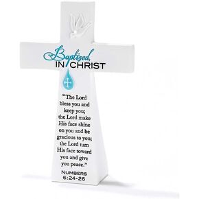 Dicksons Blue Baptized in Him White Resin Stone Table Top Cross