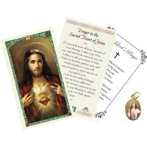 Sacred Heart Pendant - Gold Plated Sacred Heart of Jesus Pendant, Laminated Sacred Heart of Jesus Prayer Card, The Lord's Prayer Card - Sacred Heart Charm Pendant, Catholic Cards Set - 3 Items Total