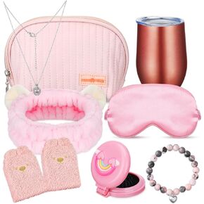 8 Pcs Pink Birthday Gifts for Teen Birthday Gifts Including Eye Mask Socks Makeup Bag Bracelet Necklace Mirror Headband Cup for Girl
