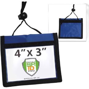 Nylon Neck Wallet Badge Holder with Lanyard - 4 X 3 Credential & Travel Badge Holder with 3 Pockets - Clear Plastic 4X3 Horizontal Window, Zipper Pouch + by Specialist ID