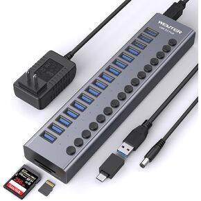 Powered USB Hub - WENTER 16 Ports USB 3.0 Hub, 5 Gbps Data Port, Aluminum Housing, Individual On/Off Switches, 12V/3A Power Adapter, Multiport Powered USB 3.0 Hub for PC, Laptop, Computer, Mobile HDD